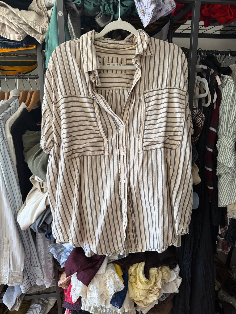 We The Free Cream and Black Vertical Stripe Button-Down Shirt linen blend